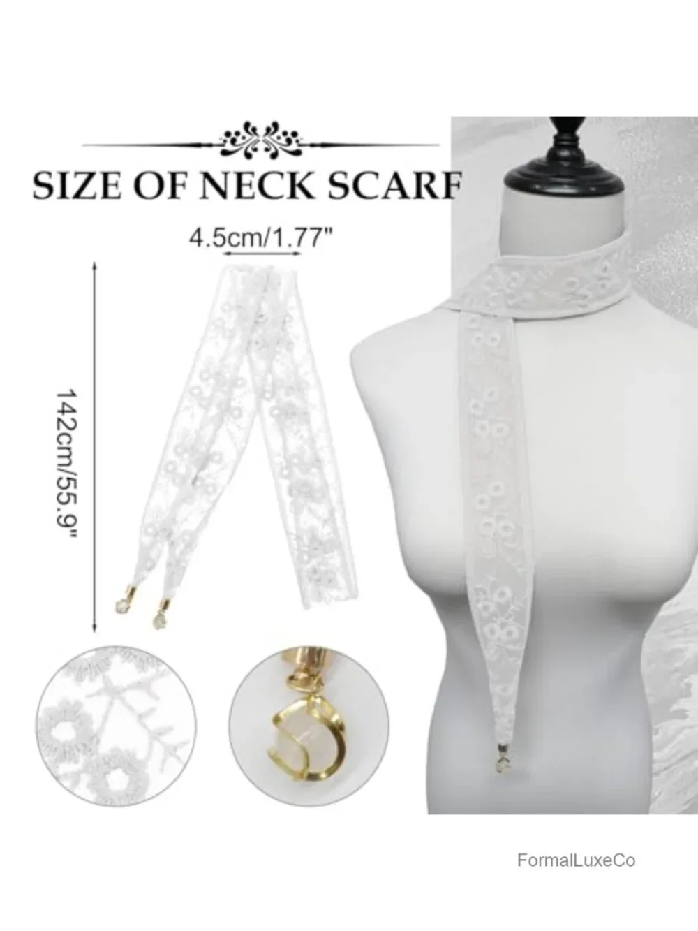 Lace Skinny Scarf with Crystal Pendant - Hair Ribbon, Neck Scarf, Bag Accessory